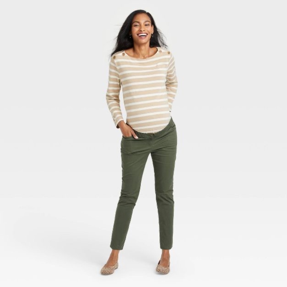 The Nines by HATCH Classic 5 Pocket Cotton Twill Maternity Pants Olive Green